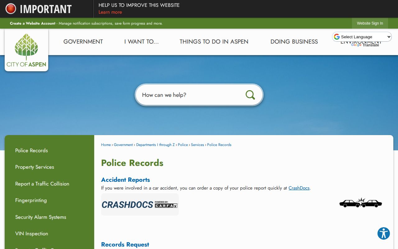 Aspen Police arrest records request page for Pitkin County booking information