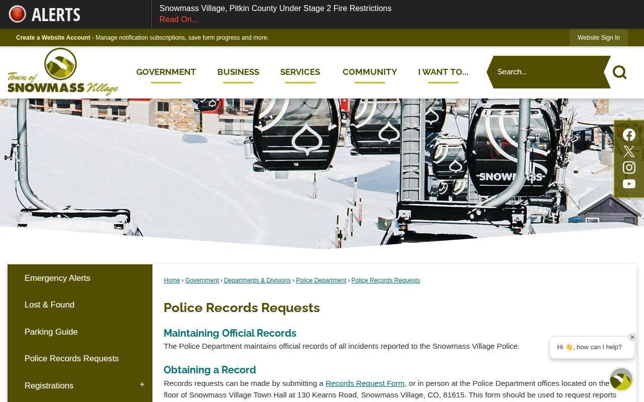 Snowmass Village Police arrest record and digital booking image request page in Pitkin County